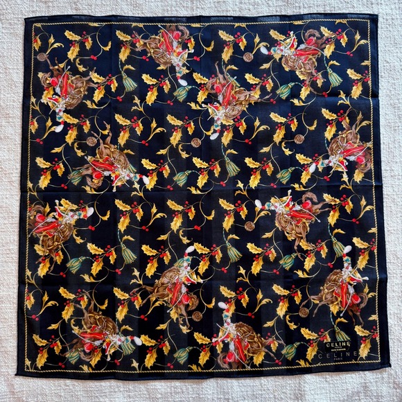 Vintage CELINE Paris Cotton Holiday Horse & Holly Scarf PRISTINE